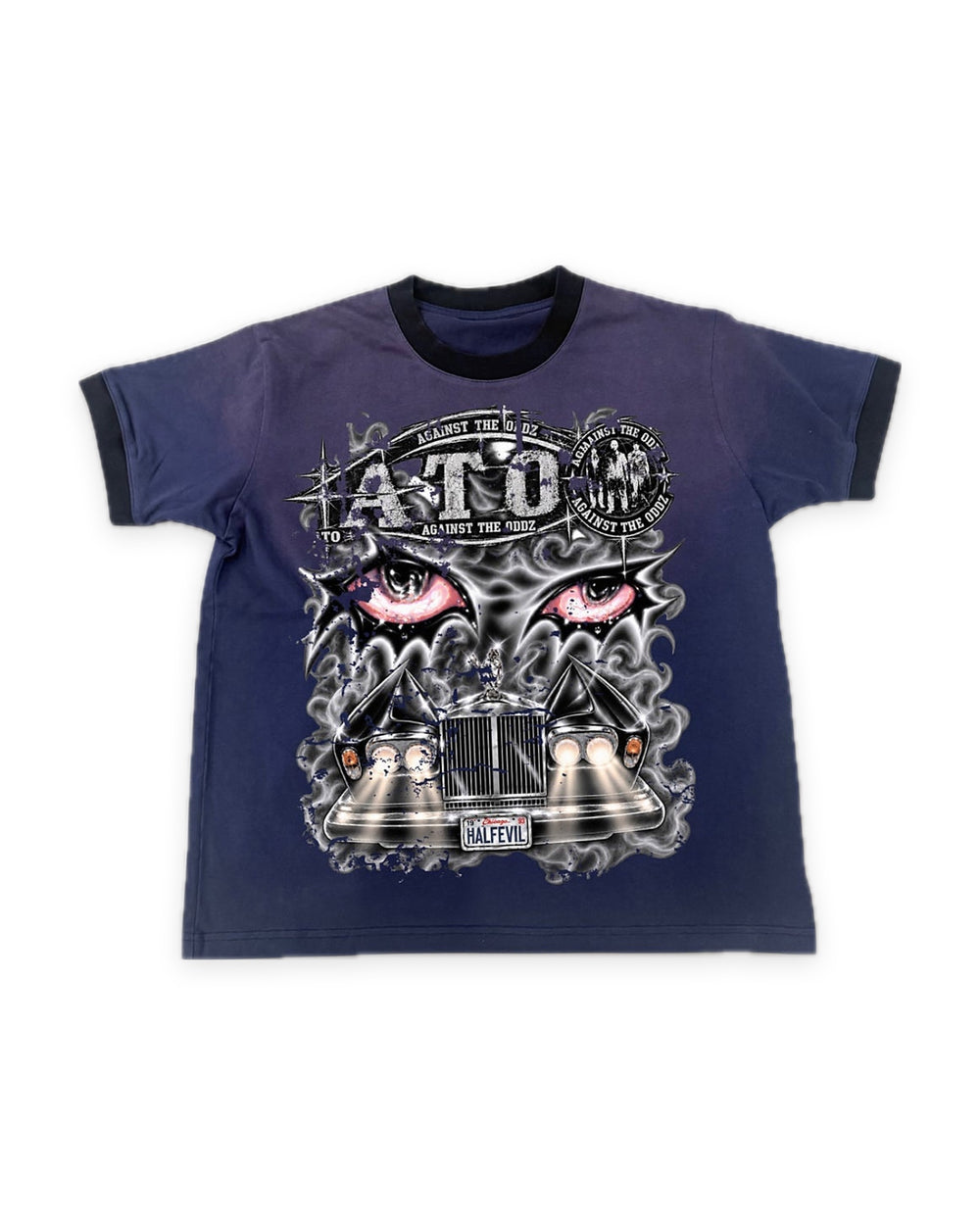 
ATO Double RR TEE – faded navy ringer tee with chrome ATO, pink eyes and vintage car graphic, front view