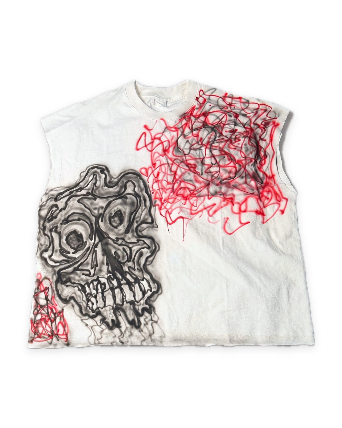 ATO Skeleton Cut-sleeve – off-white cut-sleeve tee with black airbrushed skull and red scribble art, front view