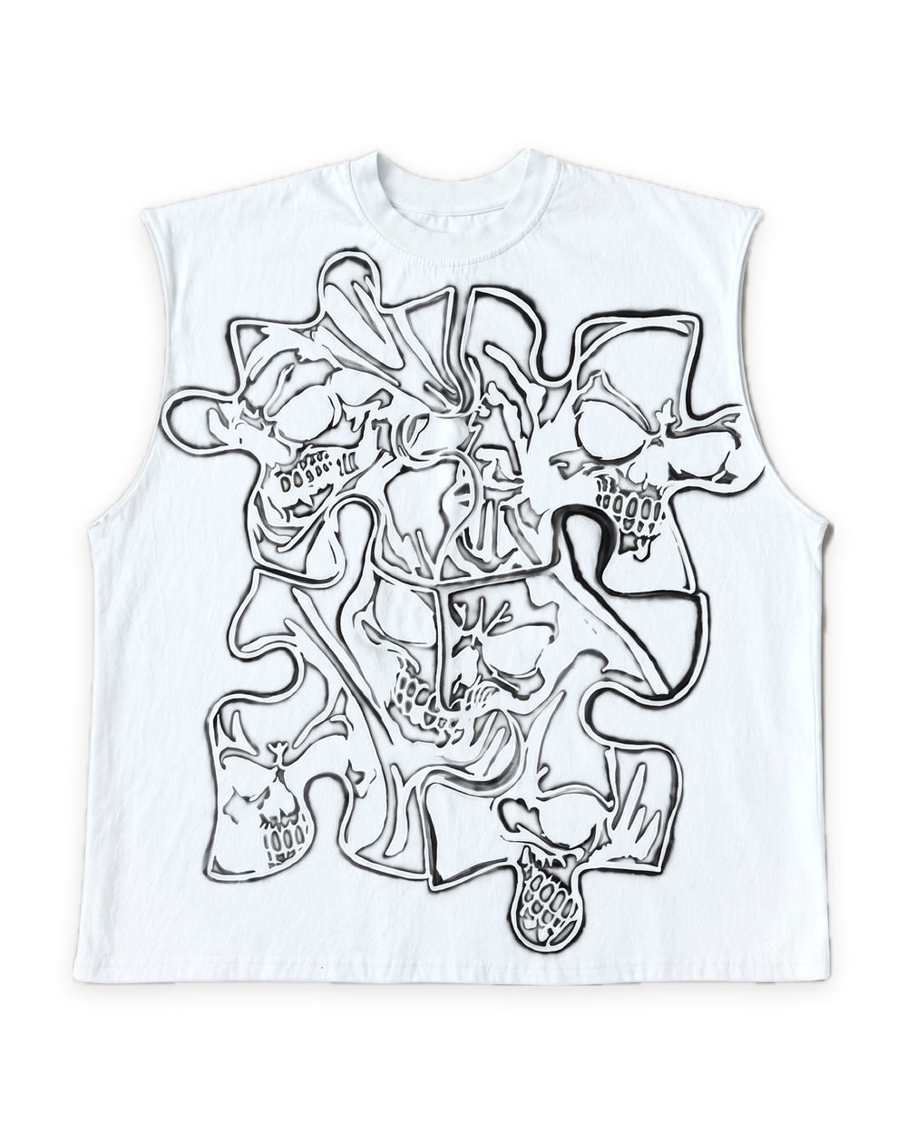 
ATO AIRBRUSH Skeleton Cutoff TEE – white sleeveless cut-off tee with black airbrushed puzzle-piece skull graphic, front view