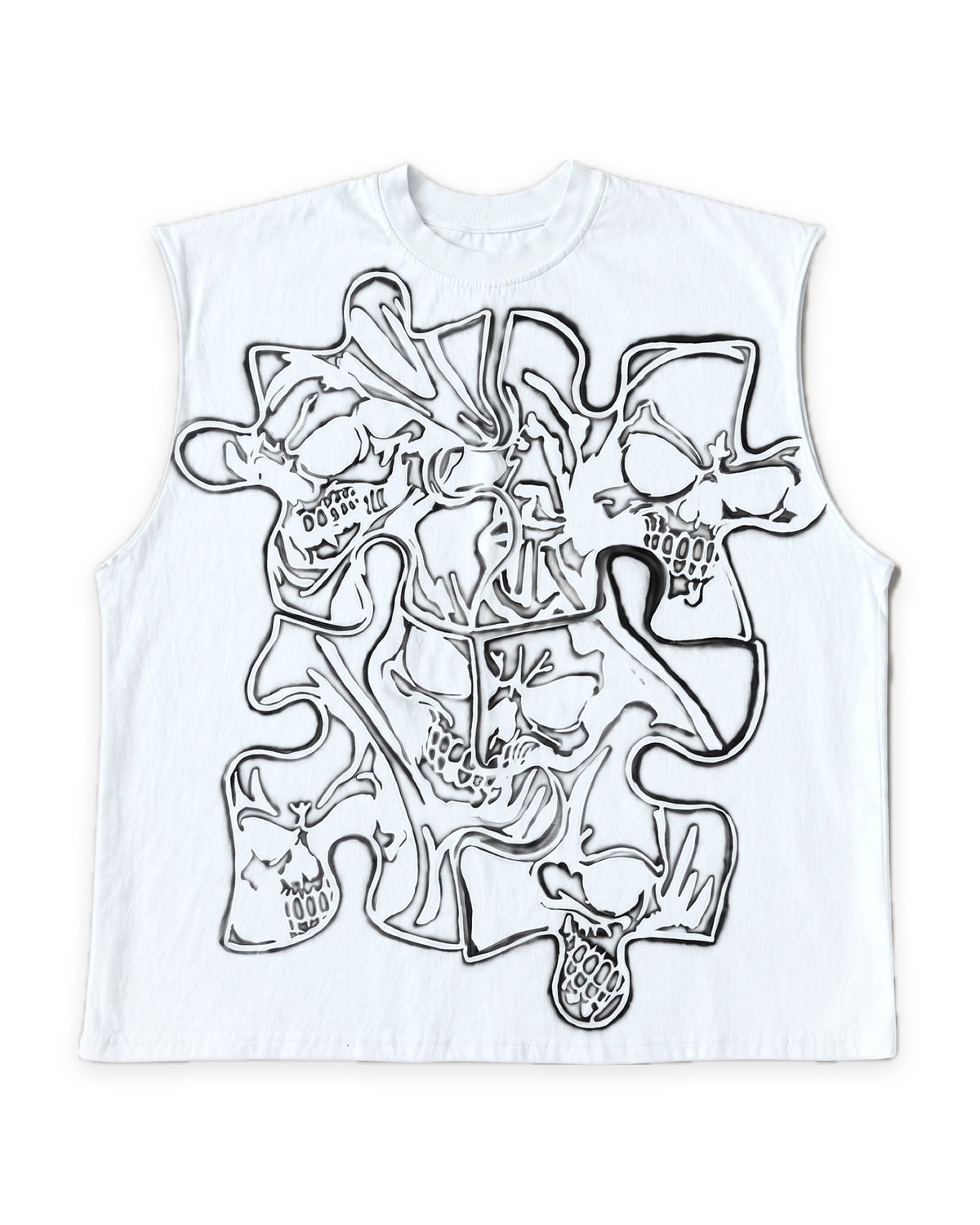 ATO AIRBRUSH Skeleton Cutoff TEE – white sleeveless cut-off tee with black airbrushed puzzle-piece skull graphic, front view