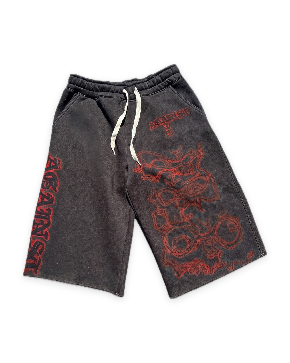 ATO BLACK AIRBRUSH SWEAT JORTS – faded black sweat jorts with red airbrushed skull and gothic "Against" lettering, front view