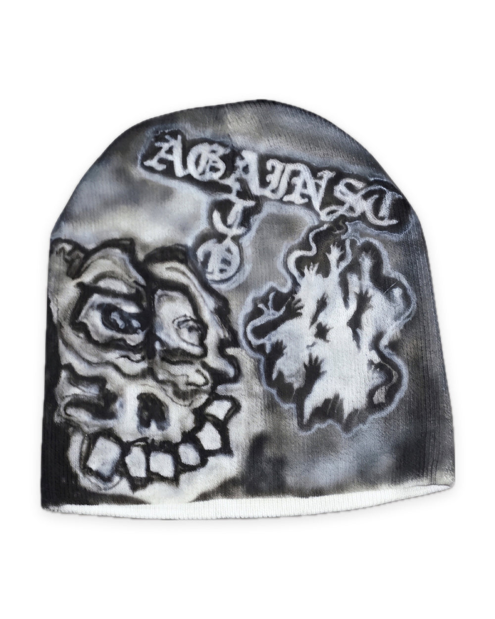 
ATO AIRBRUSH White Skelton Beanie – white knit beanie with grey and black airbrushed skull and gothic "Against" lettering, front view