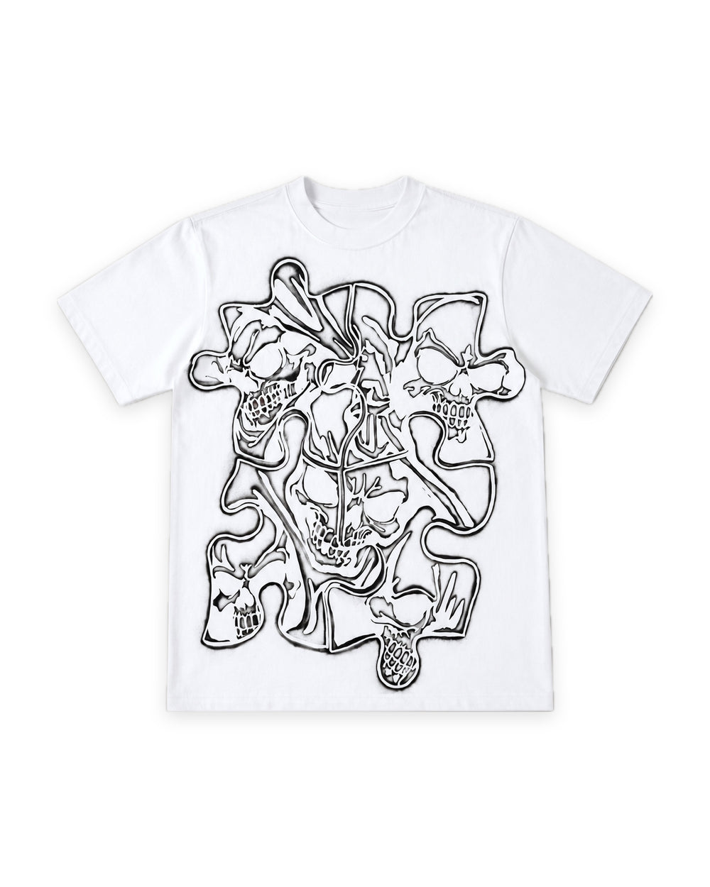 
ATO AIR BRUSH TEE – white tee with black airbrushed puzzle-piece skull graphic, front view