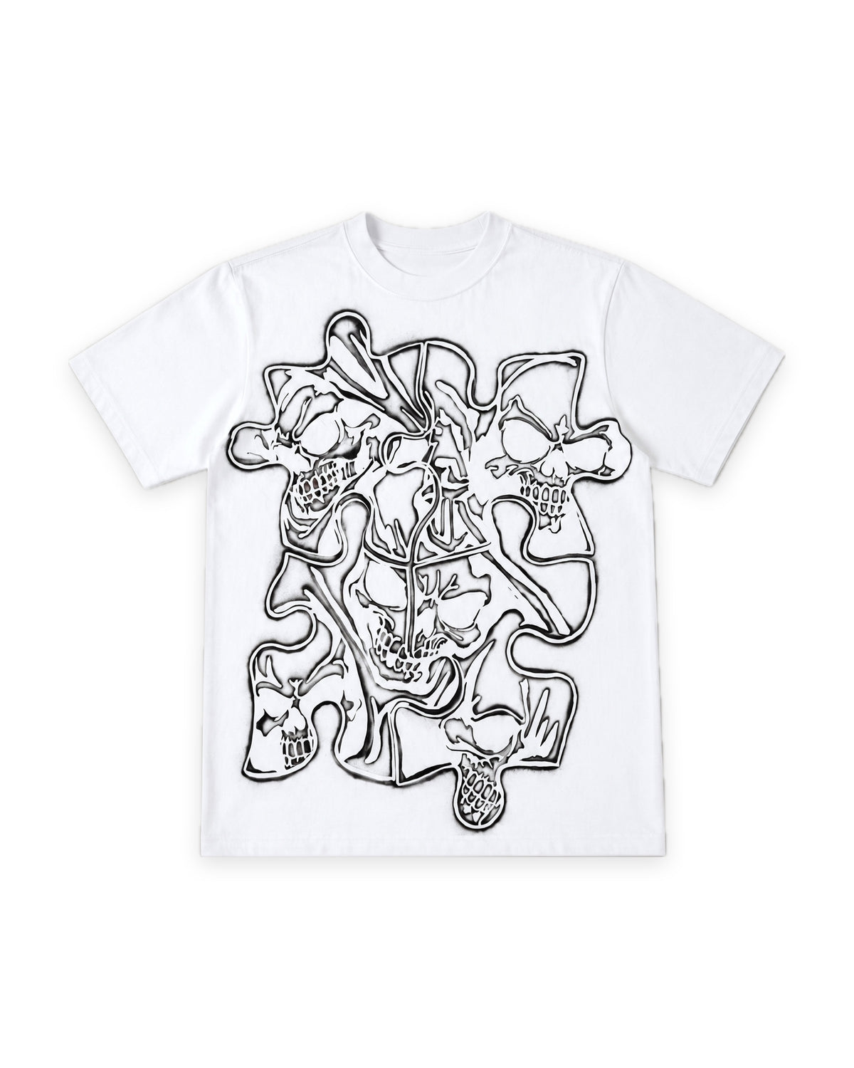 ATO AIR BRUSH TEE – white tee with black airbrushed puzzle-piece skull graphic, front view