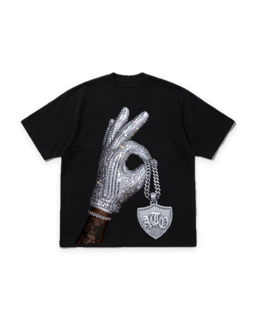 
ATO Ice man tee – black tee with rhinestone glove and iced-out ATO pendant graphic, front view