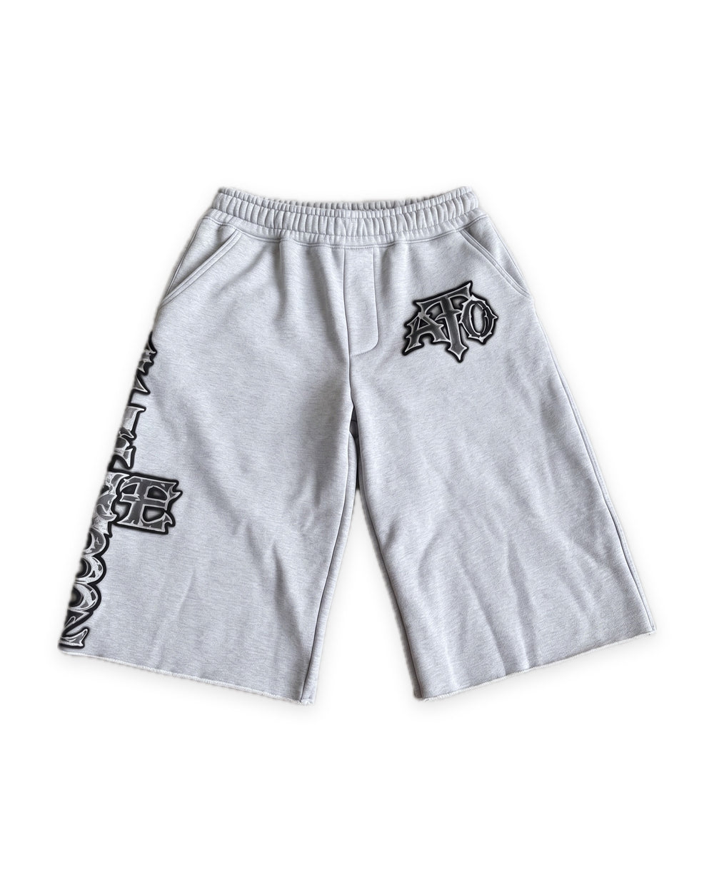 
ATO CHROME JORTS – heather grey sweat jorts with chrome gothic ATO logo and side lettering, front view
