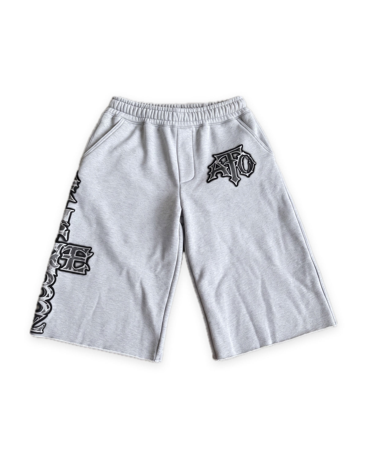 ATO CHROME JORTS – heather grey sweat jorts with chrome gothic ATO logo and side lettering, front view