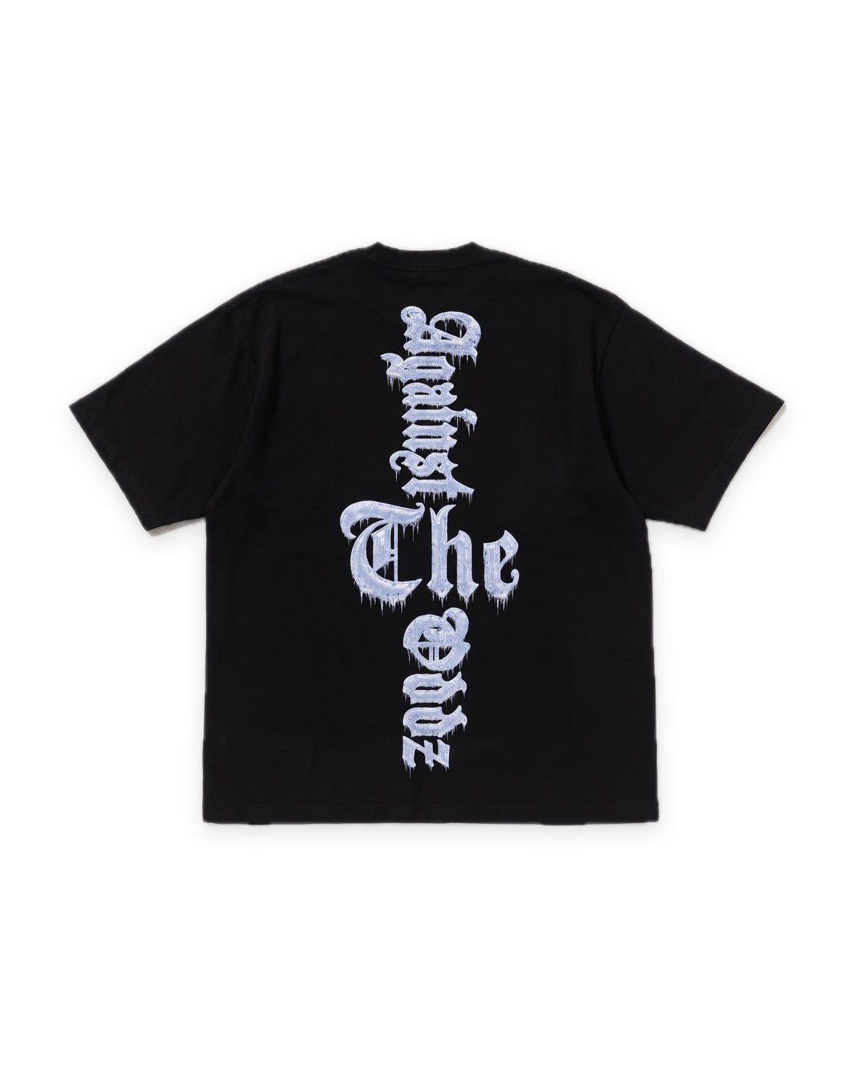 ATO Ice man tee – back view with vertical icy "Against The Oddz" gothic lettering